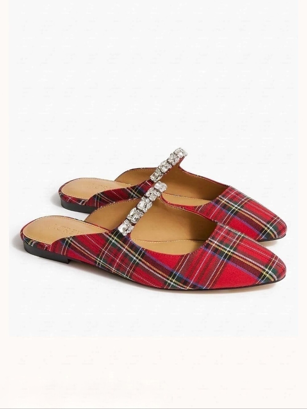 J.Crew Red Tartan Plaid Crystal Embellished Pointed Toe Mules Size 9.5